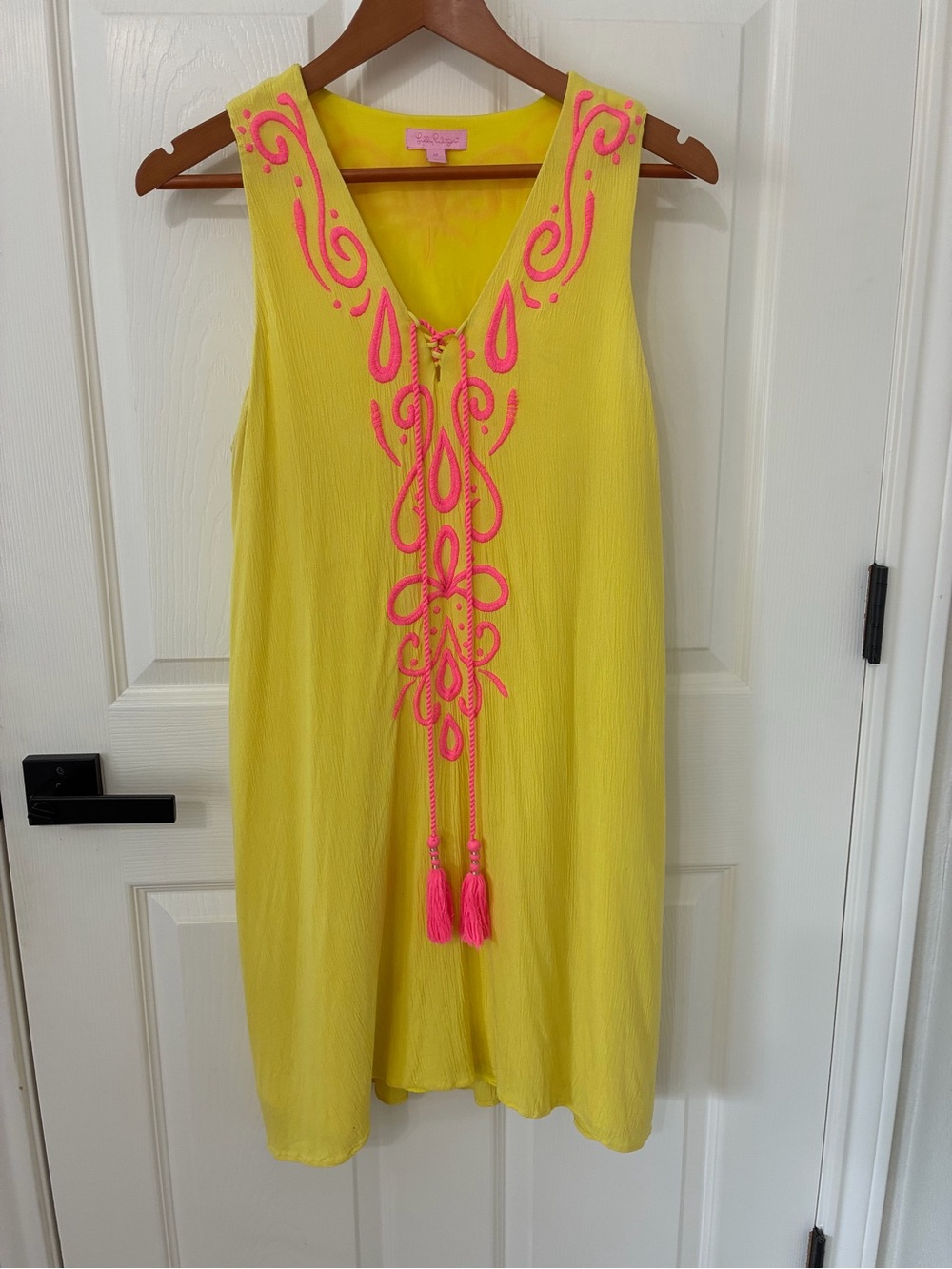 Lilly Pulitzer yellow with bright pink embroidery, sleeveless gauzy dress